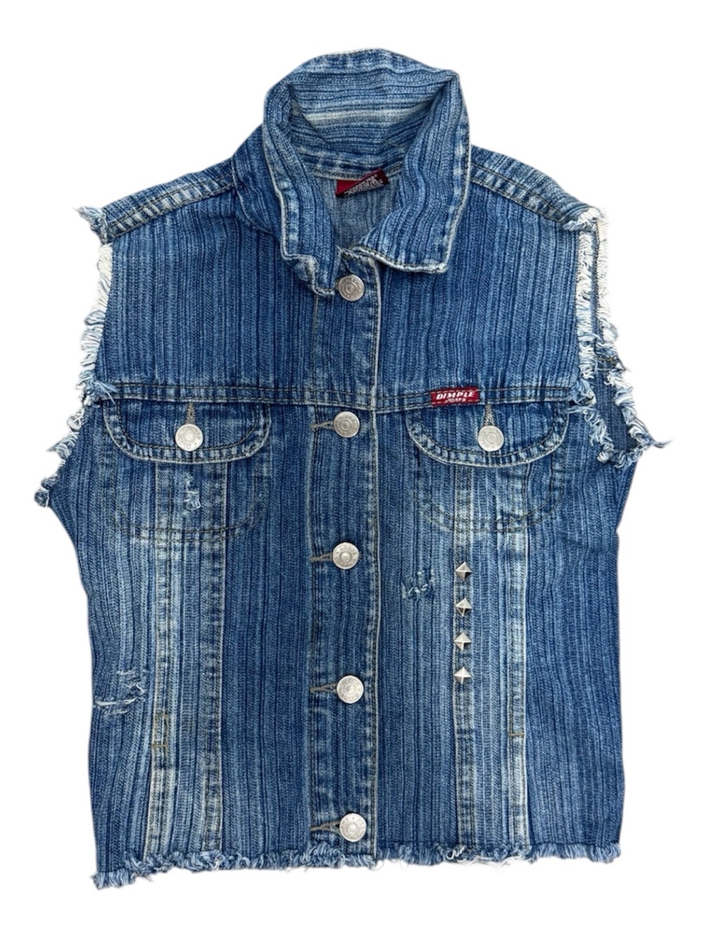 Vintage Light Blue Striped Denim Vest with Silver Buttons